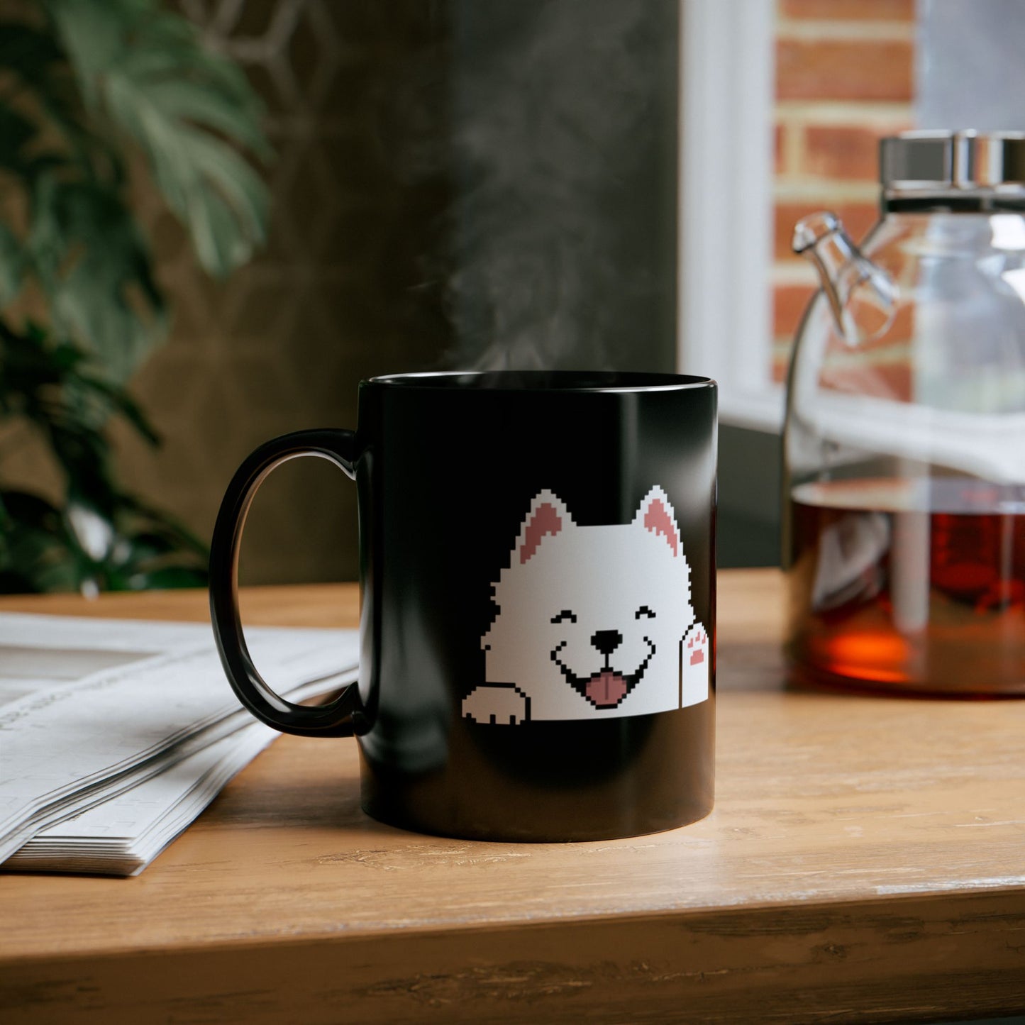 EPPIX Ceramic Black Mug - Happy Smiling Samoyed Pixel Dog Illustration (11oz, 15oz)