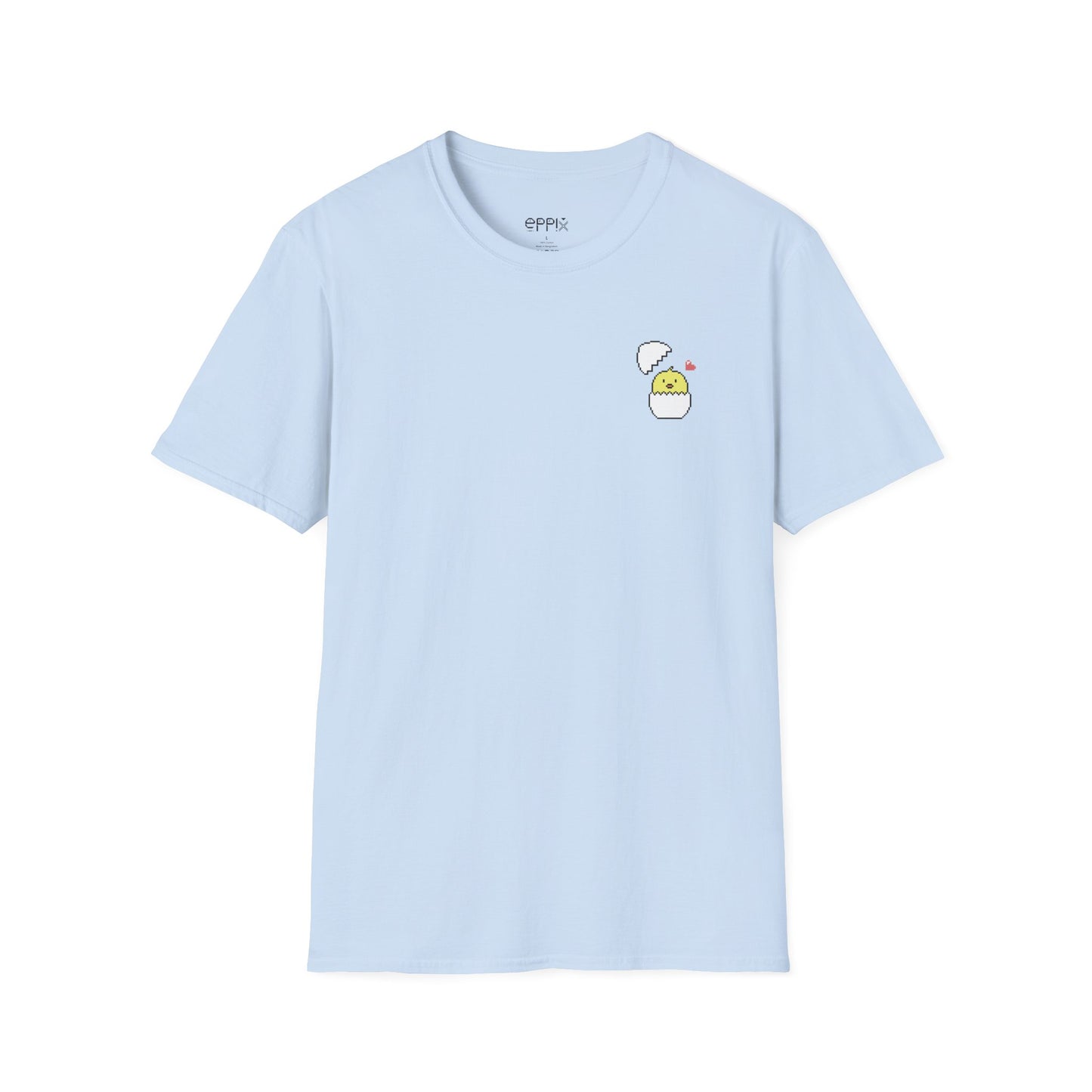 Camiseta unisex de estilo suave de EPPIX: linda ilustración de animales pixelados con cáscara de huevo de pollito 