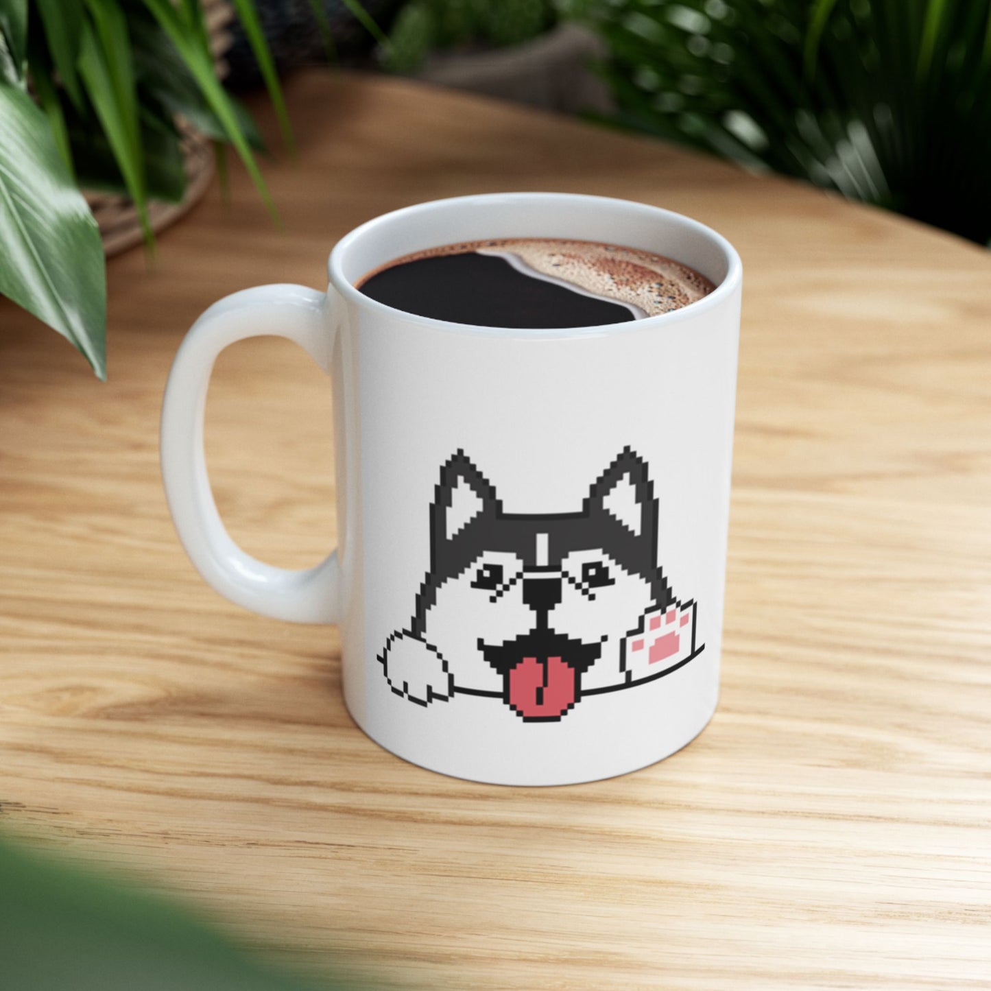 EPPIX Ceramic White Mug - Happy Alaskan Malamute Siberian Husky Pixel Dog Illustration Waving Hello (11oz, 15oz)