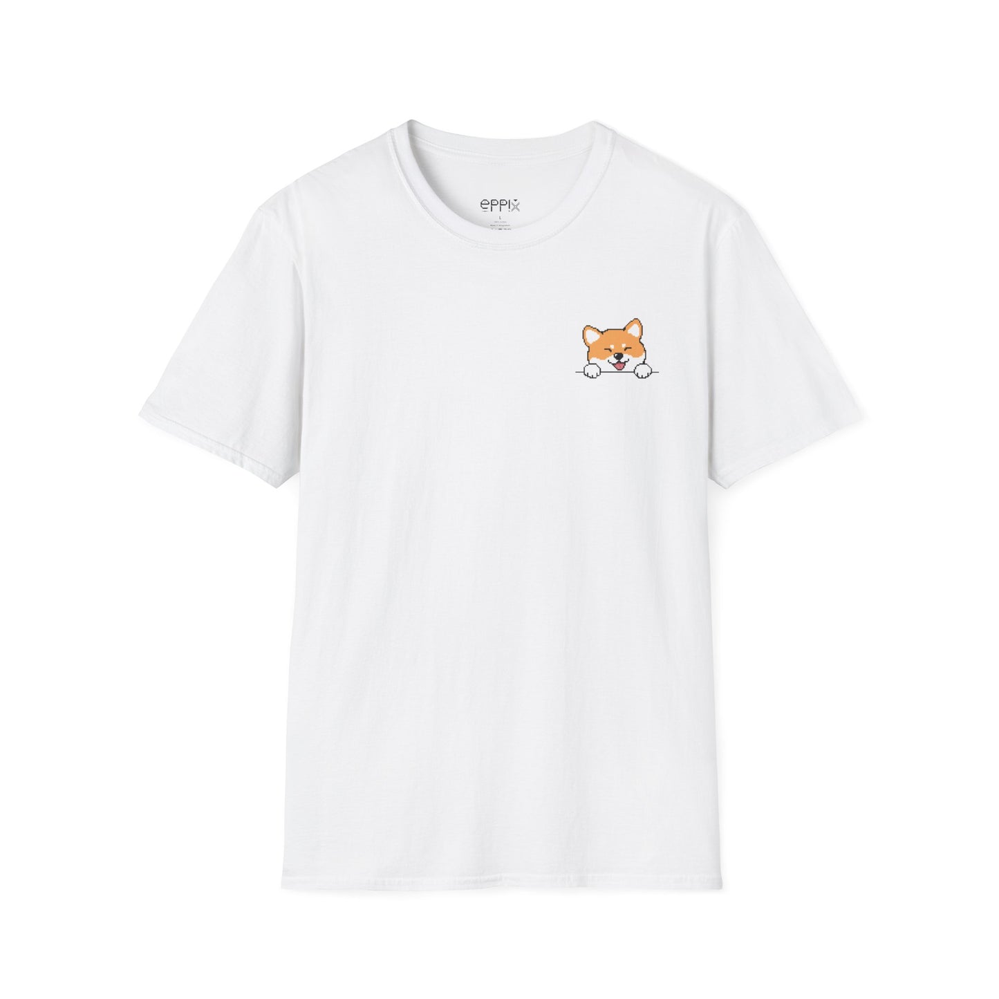 Camiseta unisex Softstyle de EPPIX: ilustración de perro píxel Shiba Inu astuto con expresión traviesa 