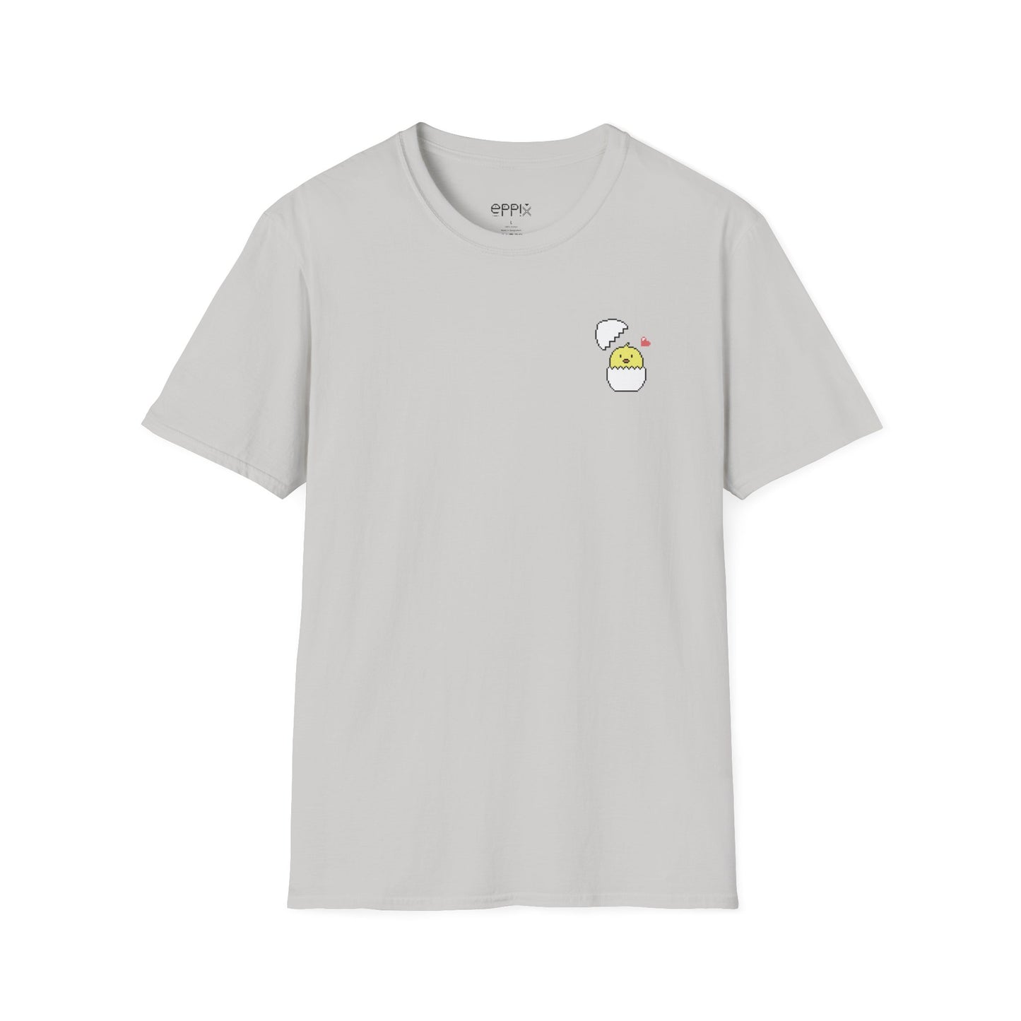 Camiseta unisex de estilo suave de EPPIX: linda ilustración de animales pixelados con cáscara de huevo de pollito 