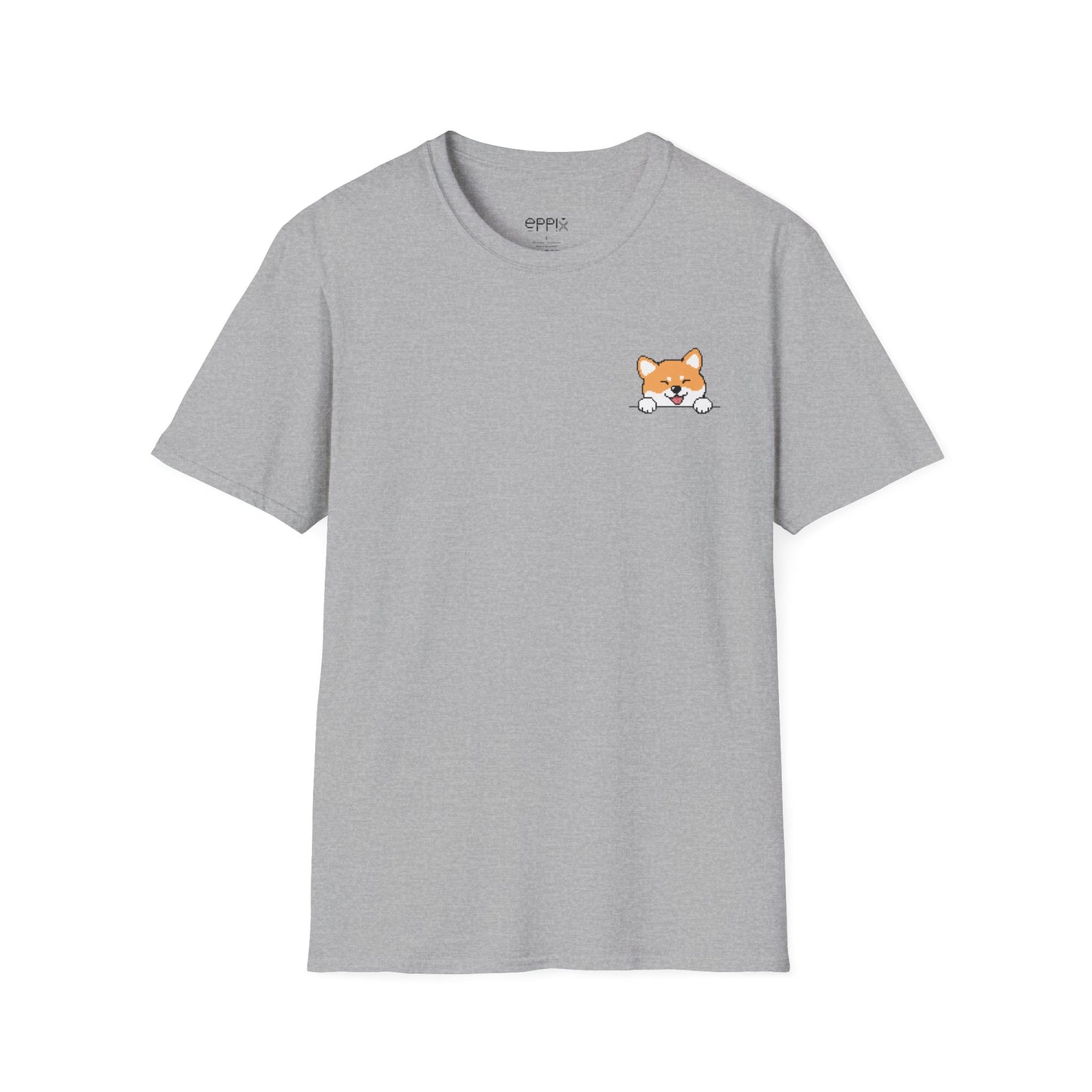 Camiseta unisex Softstyle de EPPIX: ilustración de perro píxel Shiba Inu astuto con expresión traviesa 