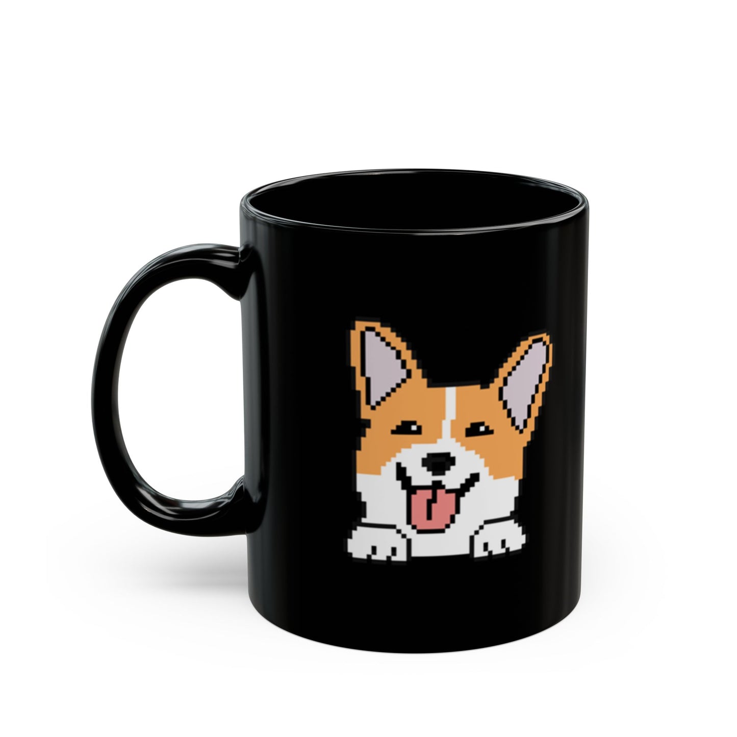 EPPIX Schwarze Keramiktasse – Happy Corgi Pixel Dog Illustration (11 oz, 15 oz)