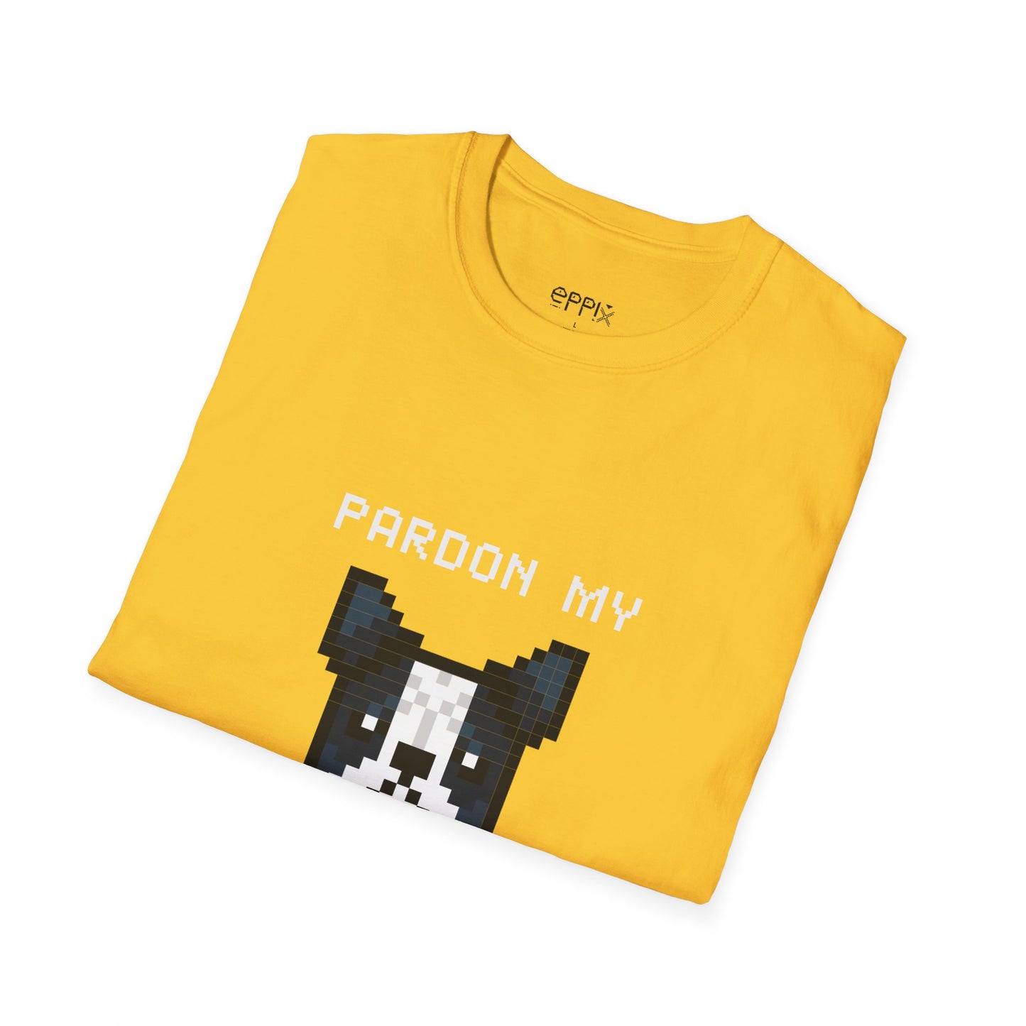 Camiseta unisex Softstyle de EPPIX: ilustración de perro francés de píxeles Perdón por mi francés 