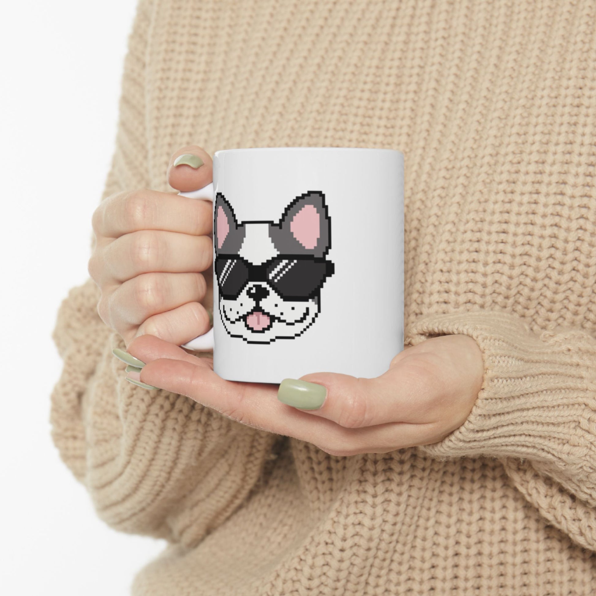 Eppix White Ceramic Mug Frenchie Pixel Art Illustration Held