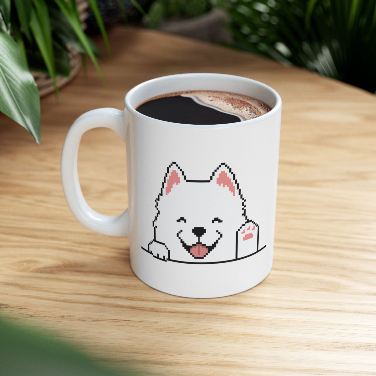 EPPIX Ceramic White Mug - Happy Smiling Samoyed Pixel Dog Illustration (11oz, 15oz)