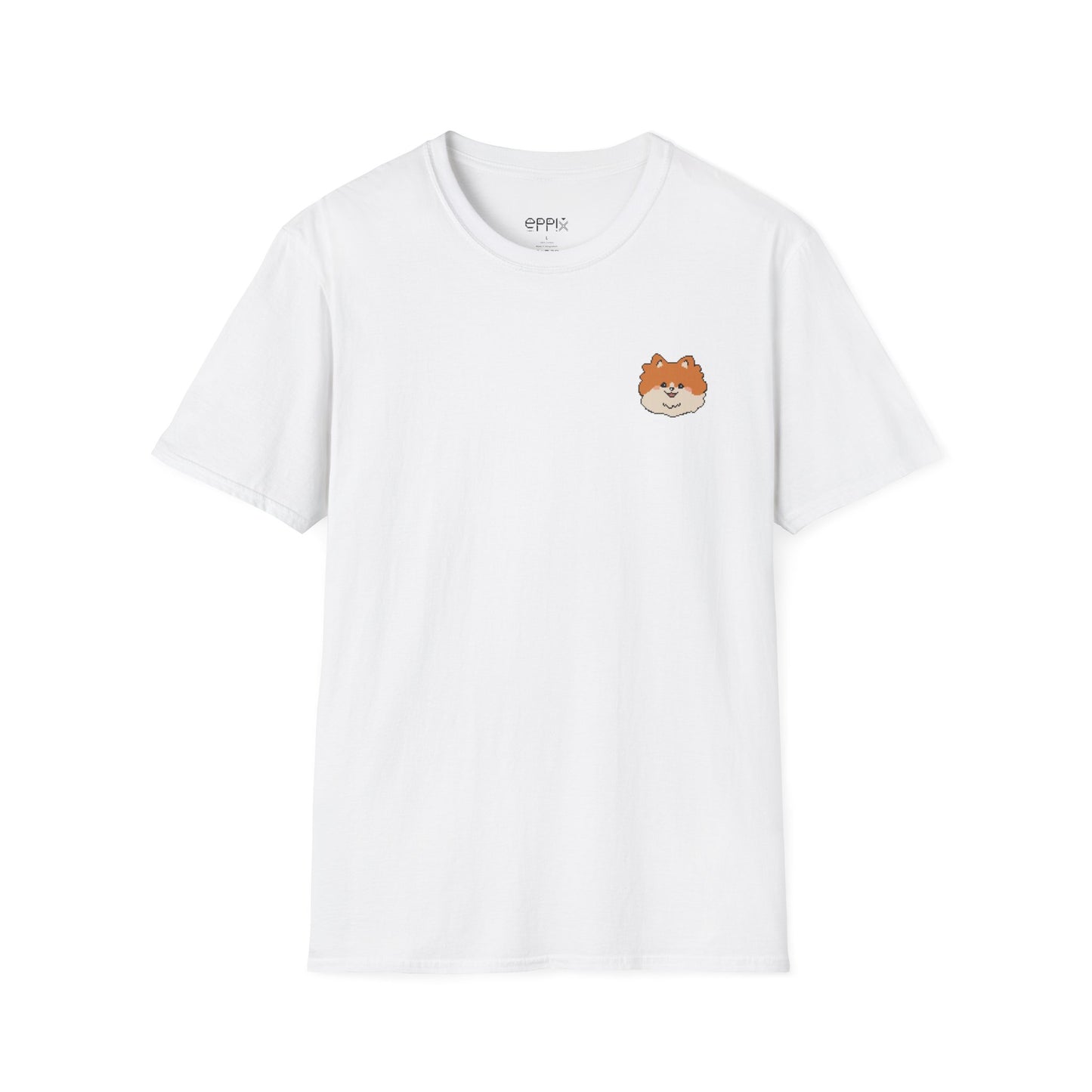 Camiseta unisex de estilo suave EPPIX: adorable cachorro de Pomerania con ilustración de perro pixelada y pompón 