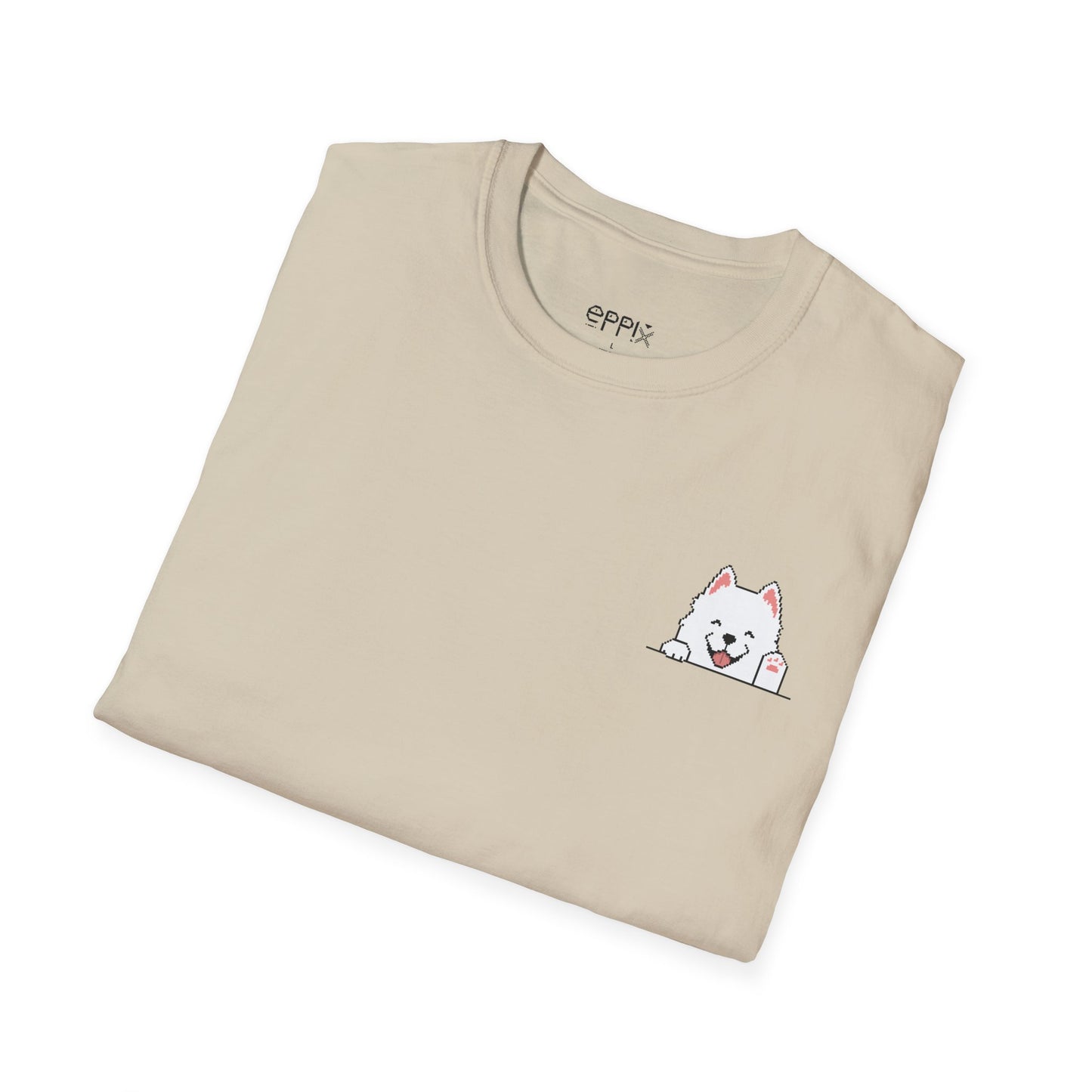 Camiseta unisex Softstyle de EPPIX: ilustración de perro samoyedo sonriente y feliz saludando con la mano 