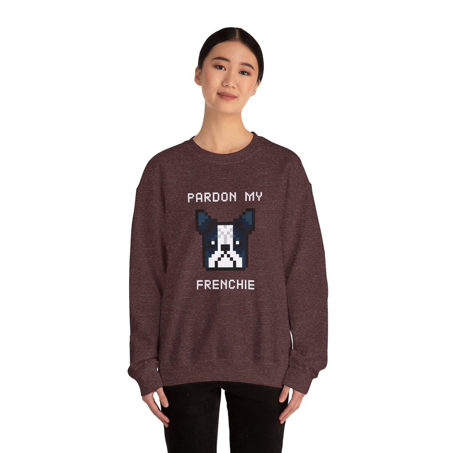 Sudadera unisex de mezcla pesada con cuello redondo de EPPIX: Pardon My Frenchie, ilustración divertida de arte de perro pixelado, bulldog francés 