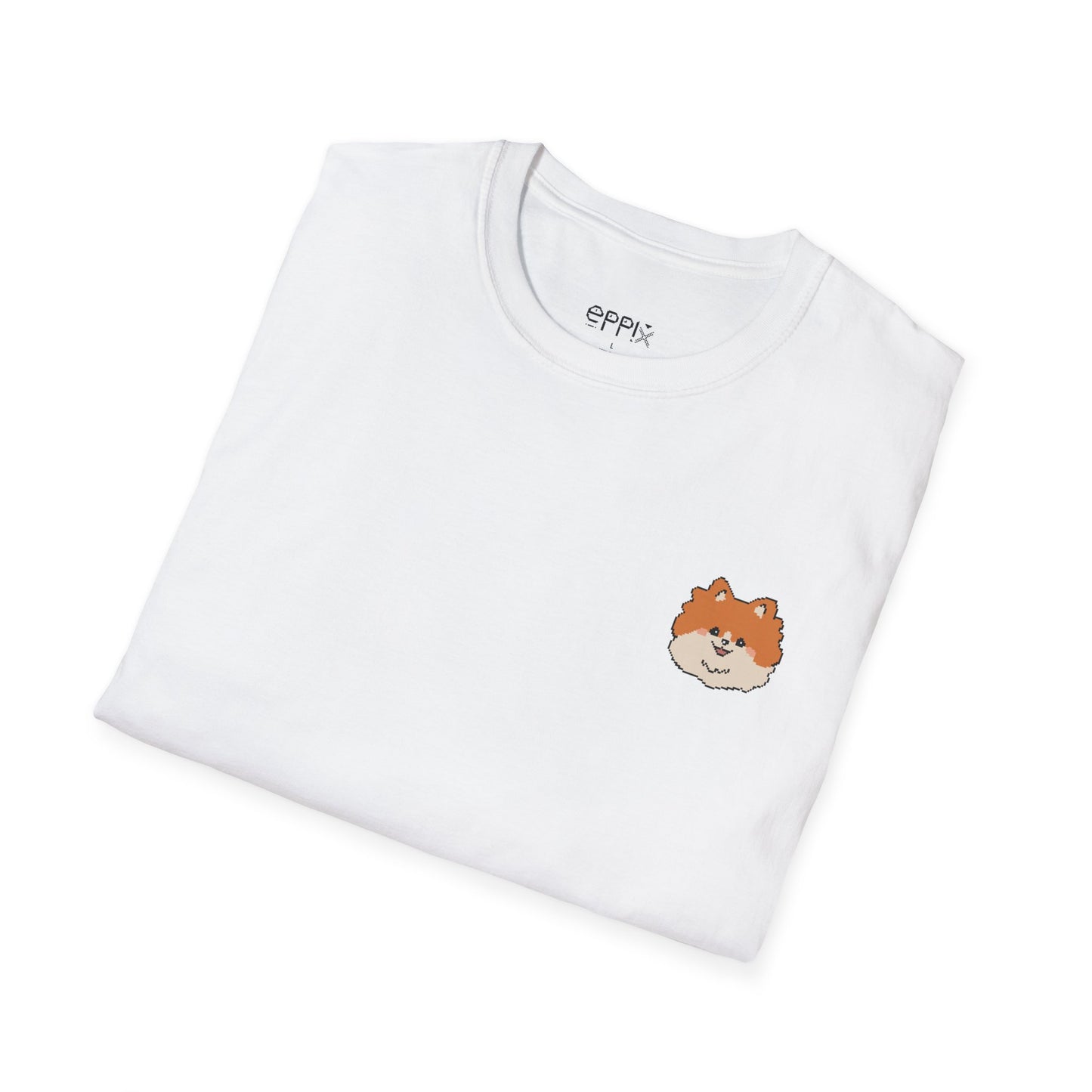 Camiseta unisex de estilo suave EPPIX: adorable cachorro de Pomerania con ilustración de perro pixelada y pompón 