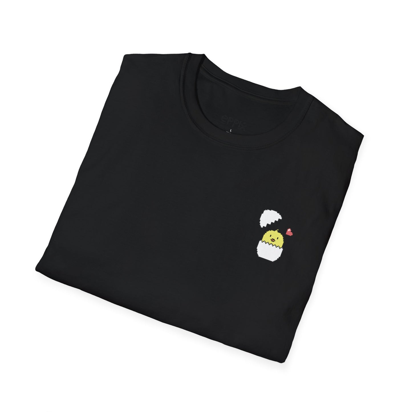 Camiseta unisex de estilo suave de EPPIX: linda ilustración de animales pixelados con cáscara de huevo de pollito 