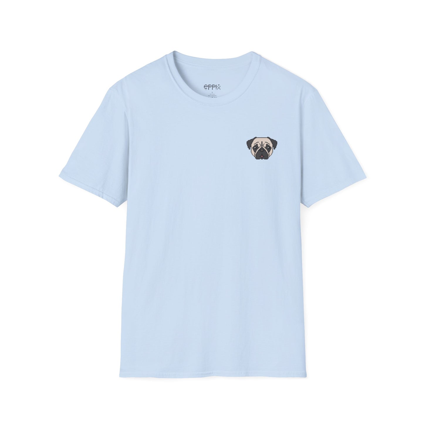 Camiseta unisex Softstyle de EPPIX: ilustración de perro pixelado con un lindo cachorro de carlino 