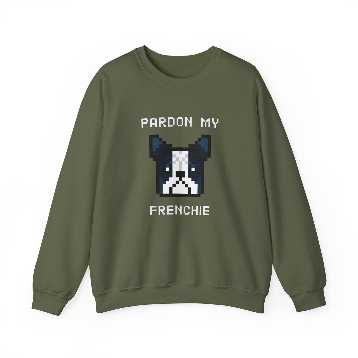 Sudadera unisex de mezcla pesada con cuello redondo de EPPIX: Pardon My Frenchie, ilustración divertida de arte de perro pixelado, bulldog francés 