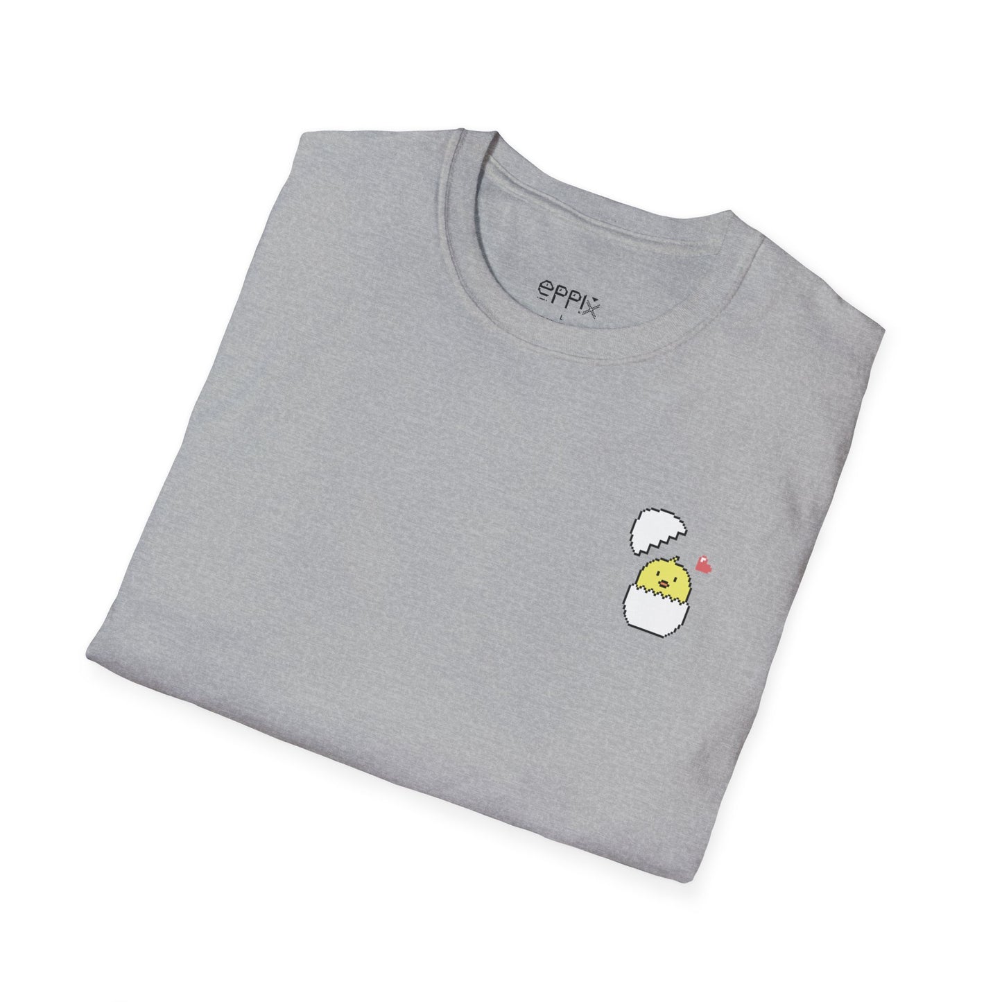 Camiseta unisex de estilo suave de EPPIX: linda ilustración de animales pixelados con cáscara de huevo de pollito 