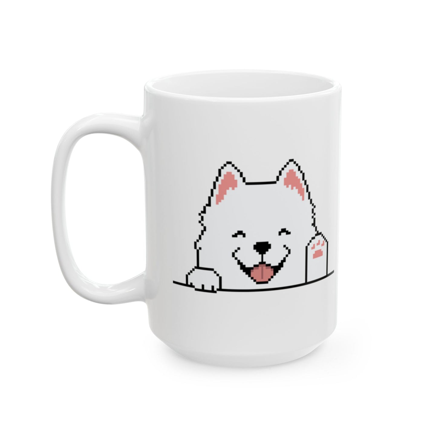 EPPIX Ceramic White Mug - Happy Smiling Samoyed Pixel Dog Illustration (11oz, 15oz)