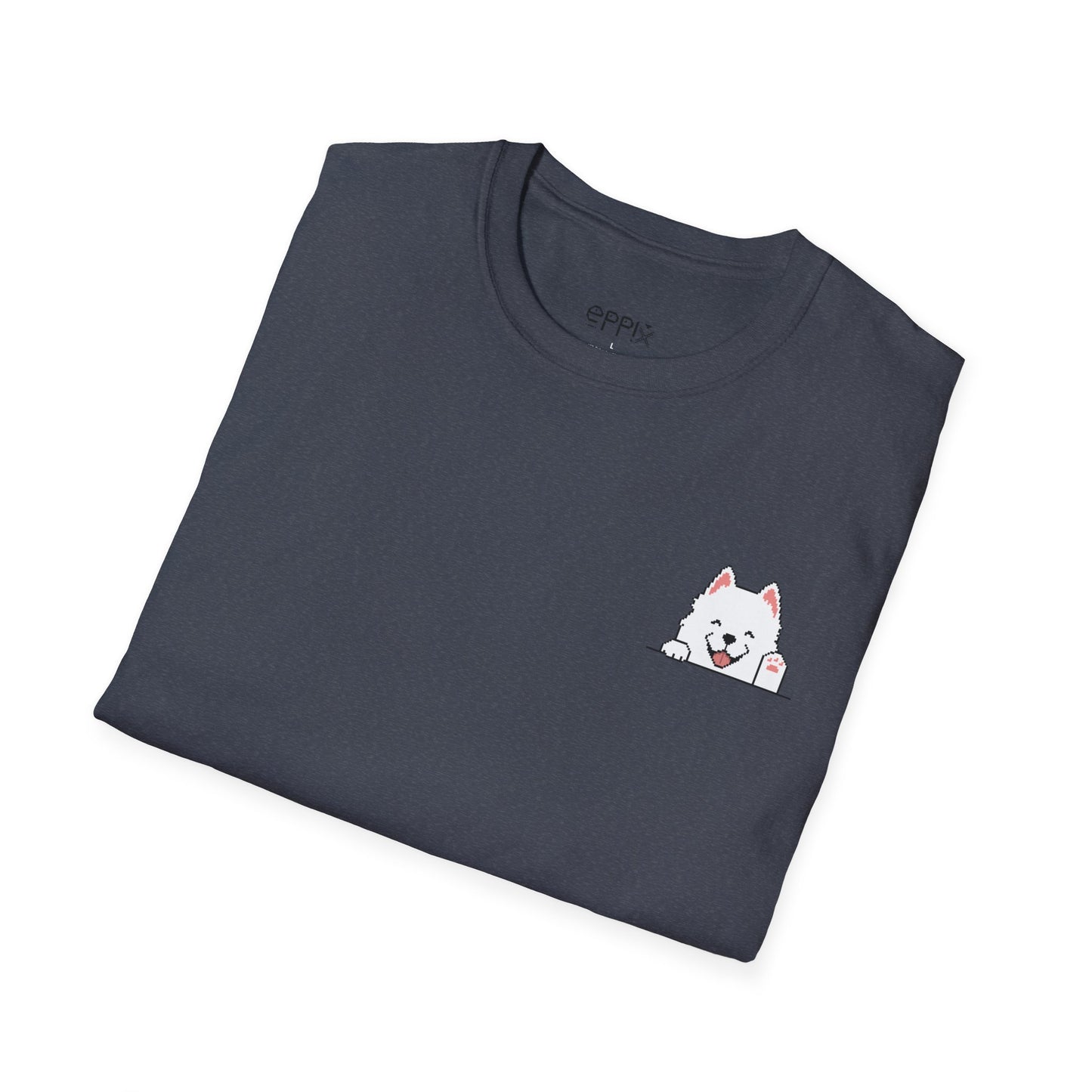 Camiseta unisex Softstyle de EPPIX: ilustración de perro samoyedo sonriente y feliz saludando con la mano 