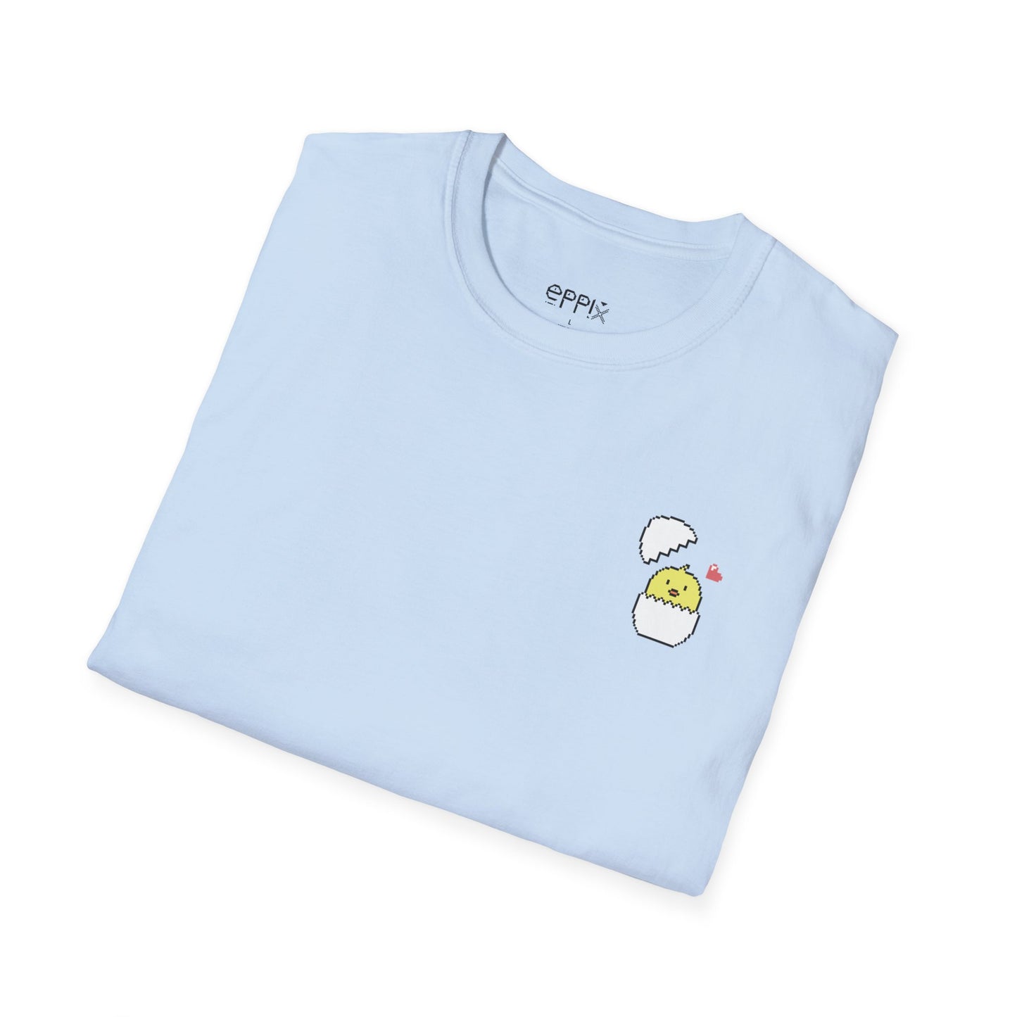 Camiseta unisex de estilo suave de EPPIX: linda ilustración de animales pixelados con cáscara de huevo de pollito 