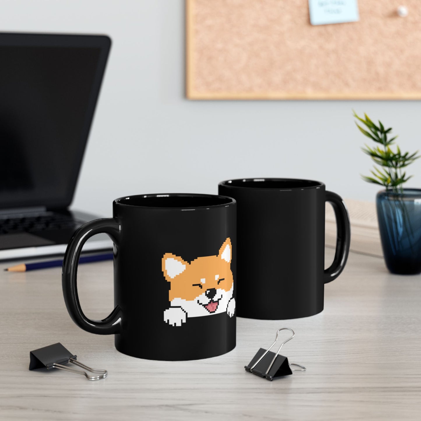 Taza de cerámica negra EPPIX: ilustración de perro astuto Shiba Inu Akita (11 oz, 15 oz) 