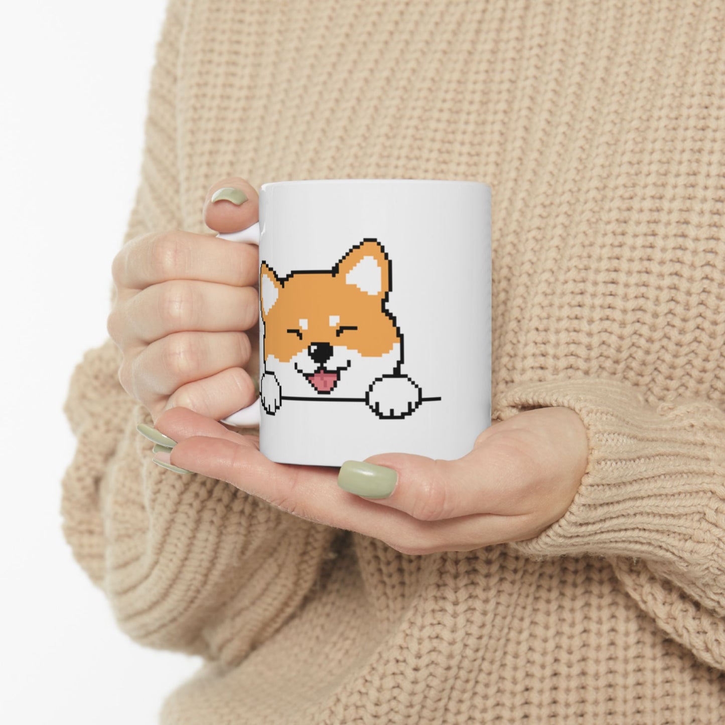 EPPIX Weiße Keramiktasse – Sly Shiba Inu Akita Pixel Dog Illustration (11 oz, 15 oz) 