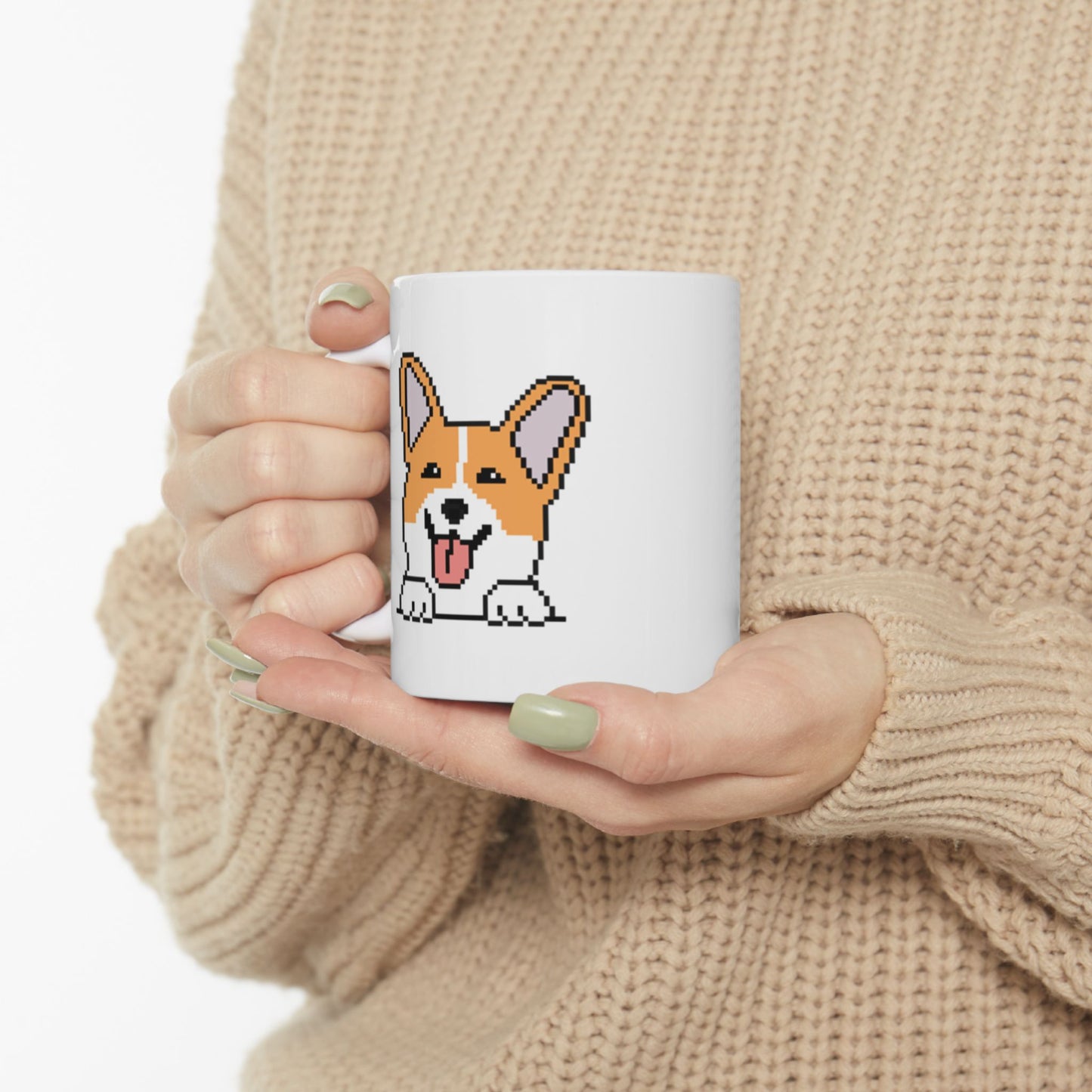 EPPIX Ceramic White Mug - Happy Corgi Pixel Dog Illustration (11oz, 15oz)