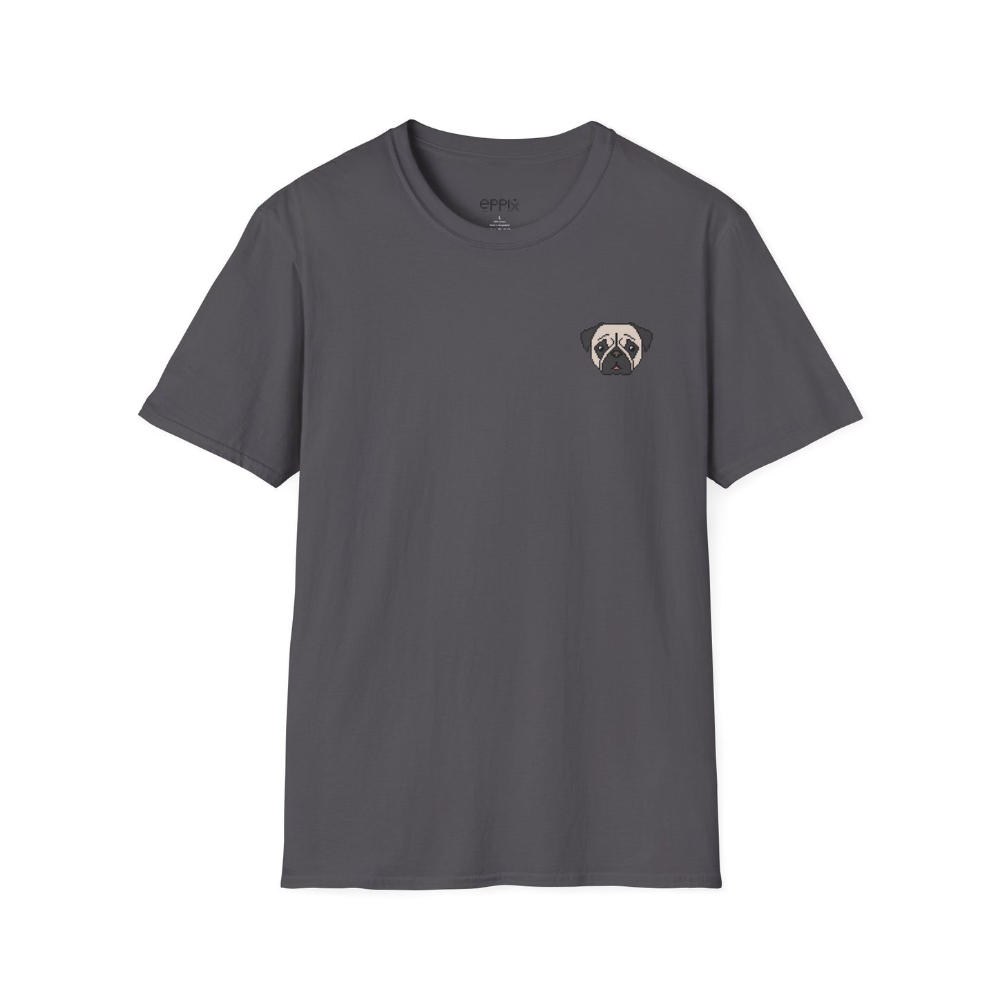 Camiseta unisex Softstyle de EPPIX: ilustración de perro pixelado con un lindo cachorro de carlino 