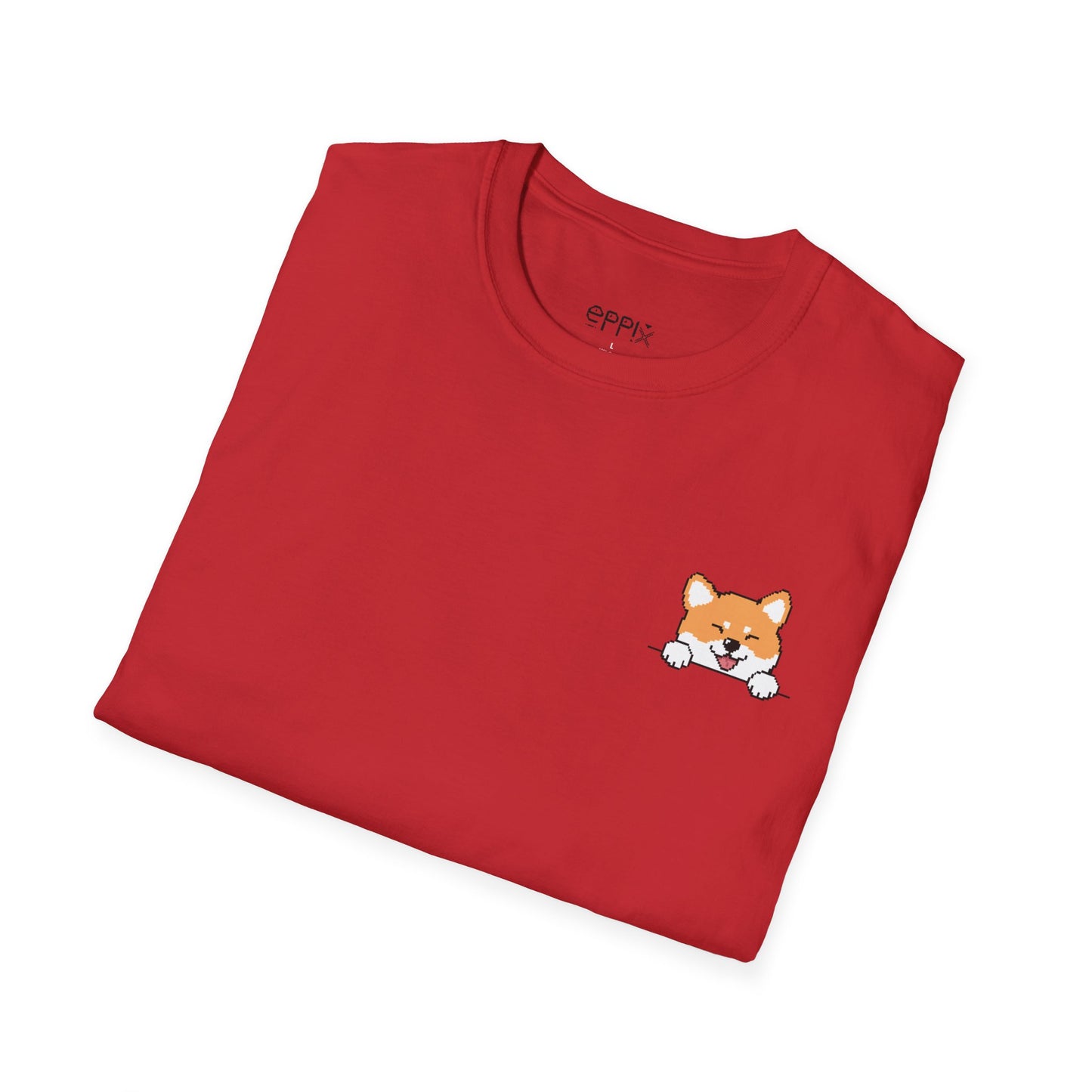 Camiseta unisex Softstyle de EPPIX: ilustración de perro píxel Shiba Inu astuto con expresión traviesa 