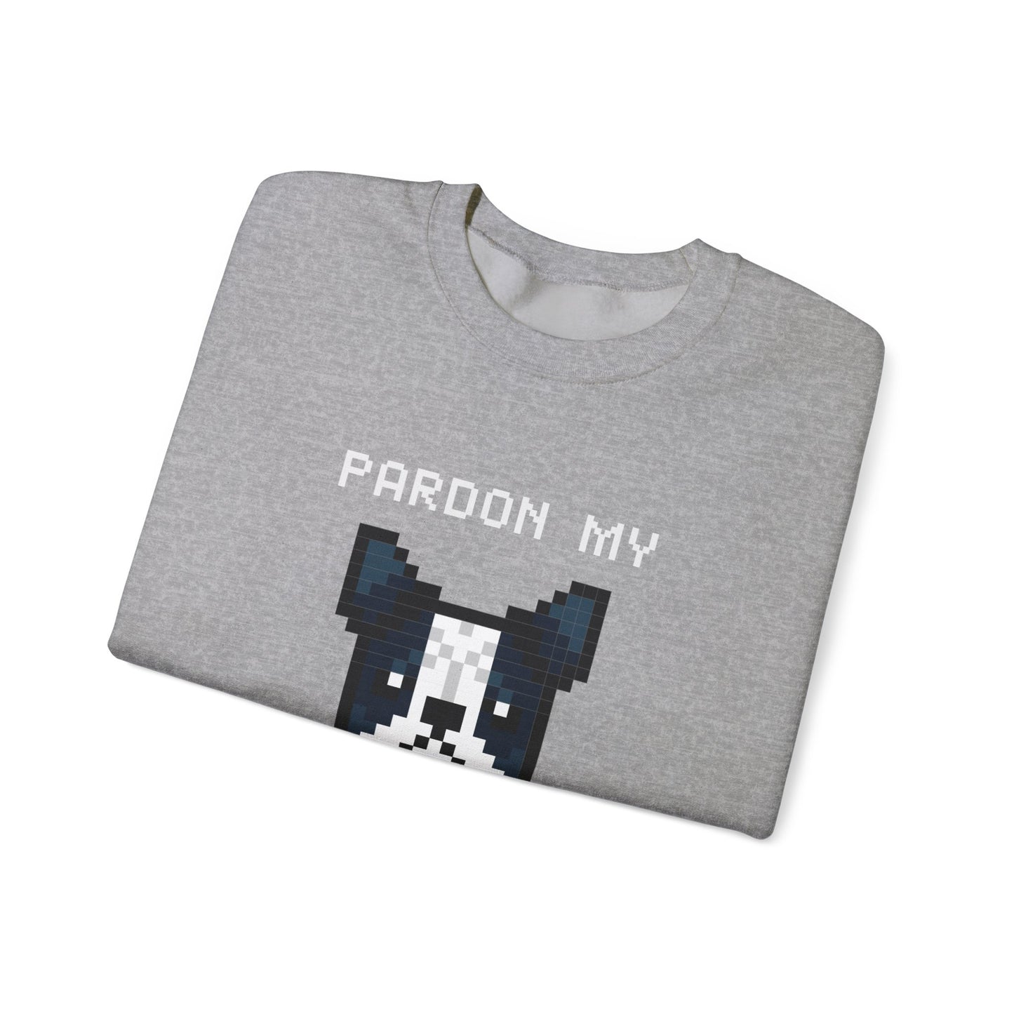 Sudadera unisex de mezcla pesada con cuello redondo de EPPIX: Pardon My Frenchie, ilustración divertida de arte de perro pixelado, bulldog francés 