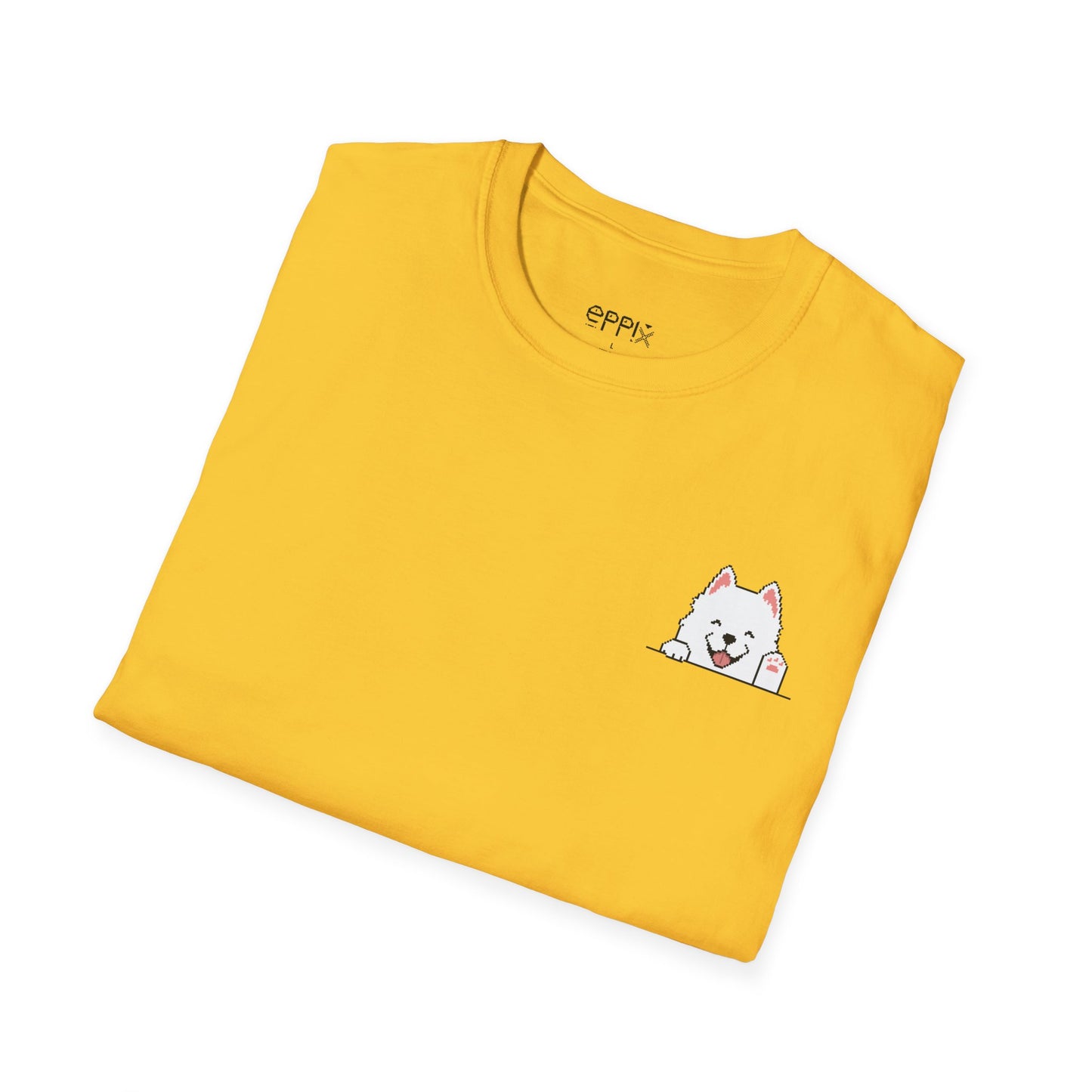 Camiseta unisex Softstyle de EPPIX: ilustración de perro samoyedo sonriente y feliz saludando con la mano 