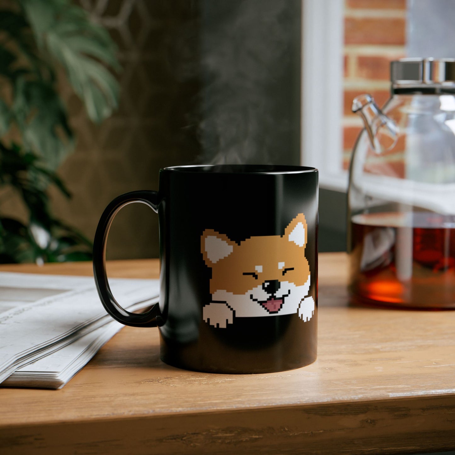 Taza de cerámica negra EPPIX: ilustración de perro astuto Shiba Inu Akita (11 oz, 15 oz) 